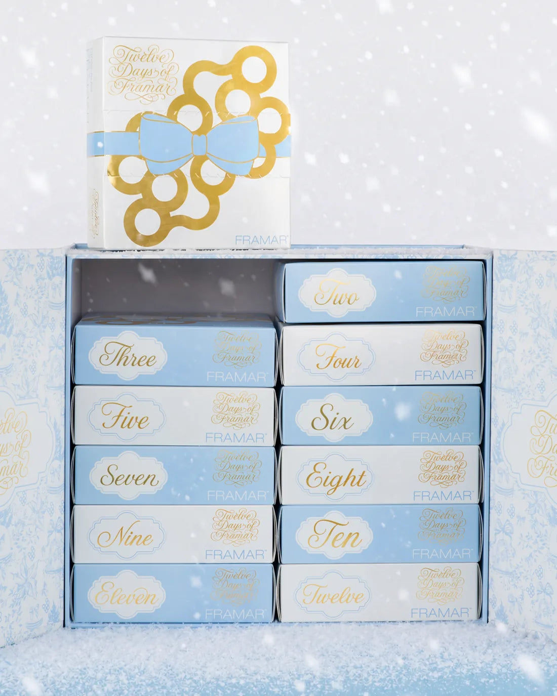 The Twelve Days of Framar 2026 calendar opened to reveal its numbered blue drawers